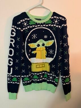 Star Wars Men's Navy and Lime Green Grogu Snow Globe Sweater